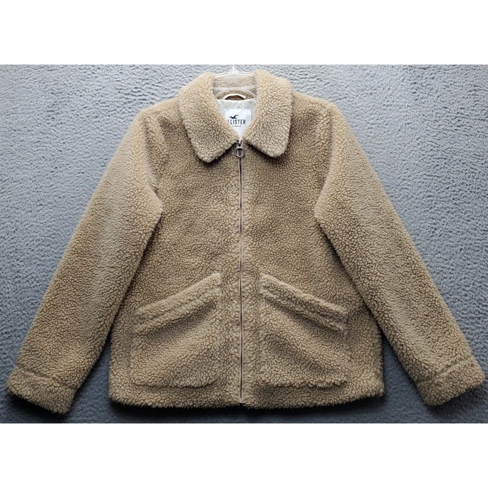 Hollister Teddy Bear Fleece Jacket Womens Small Tan Lined Pouch Pocket Full Zip